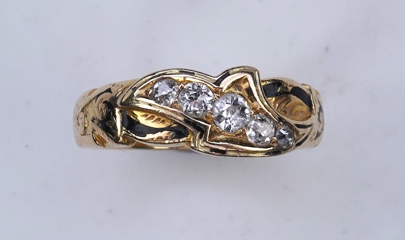 A Victorian enamel and diamond mourning ring, circa 1872